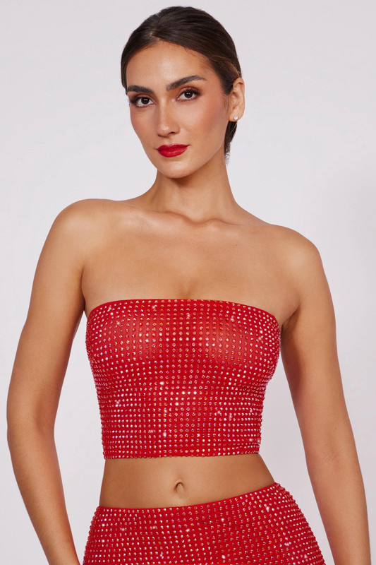 Embellished Strapless Crop Top in Fire Red - UK Size:10